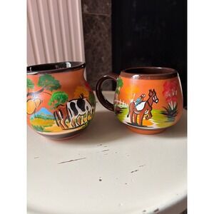 VTG Pottery/Ceramic Coffee Mugs Set Wildlife CowDonkeyParrot Art Terracotta Cups